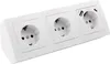 A white, three-socket power strip with integrated USB-A and USB-C ports, shown from a diagonal angle against a white background. Produktbild-Vorschau