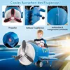 A child is riding a blue and white toy airplane with a propeller and wings. The image includes close-up shots of the propeller, folding wings, and tail fins, with German text labels. Náhľad obrázku produktu
