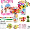 A collage of a DIY button bouquet craft kit, showing the box, components, and finished products in vases. Produktbild-Vorschau