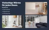 Collage of images showing an infrared heating panel in different room settings: a living room, a bathroom, and a sunroom. Anteprima dell’immagine prodotto