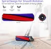 A vacuum cleaner brush head with red and blue bristles is shown on a wooden floor with some dust and debris. The image also includes diagrams and text highlighting features. Produktbild-Vorschau