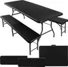A black folding table and two benches are displayed against a white background. Below the table and benches, two folded benches and one folded table are shown. Podgląd zdjęcia produktu