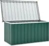 A green metal garden storage box with its lid open, shown against a white background. Voir les images du produit