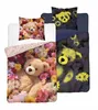 Two bedding sets featuring teddy bears and flowers, one in bright colors and the other in darker, glowing tones. Produktbild-Vorschau