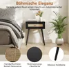 A bedside table with a plant and bed in the background, with close-up details of the product's features. Podgląd zdjęcia produktu