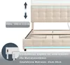 A bed frame with a headboard and LED lighting, showing dimensions and adjustable features. Produktbild-Vorschau