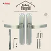 A product shot of two door handles with accompanying hardware, set against a light beige background with decorative elements. Produktbild-Vorschau