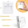 A collage showing a white LED night light with dimensions, a hand holding the light, and a close-up of its controls with labels. Náhled obrázku produktu