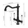 A black faucet with white handles, with dimensions overlaid on the image. Podgląd zdjęcia produktu