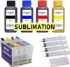 A collage of sublimation ink bottles, an inkjet cartridge, and syringes. Produktbild-Vorschau