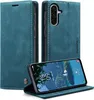 A dark cyan blue flip case for a Samsung Galaxy A56 phone is shown from multiple angles, with the phone inside the case displaying its lock screen. Produktbild-Vorschau