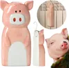A collage of images showing a ceramic pig-shaped radiator humidifier, a close-up of the humidifier hanging on a radiator, and a real pig. Produktbild-Vorschau