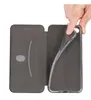 A hand is shown inserting a phone into a rose gold flip case with a card slot and stand function. Produktbild-Vorschau