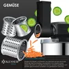 Advertisement for a vegetable slicer, showing its attachments and cut vegetables. Produktbild-Vorschau