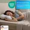A woman is sleeping on a pillow on a bed, with marketing text and logos overlaid. Produktbild-Vorschau