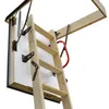 A wooden attic ladder is shown partially deployed, attached to a white attic hatch. Produktbild-Vorschau