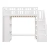 A white loft bed with integrated storage stairs and shelving units, shown against a white background. Produktbild-Vorschau