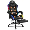 A black gaming chair with LED lighting and a footrest, shown from a front-diagonal angle against a white background. Podgląd zdjęcia produktu