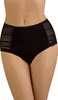 A close-up shot of a woman's lower torso wearing black high-waisted briefs with sheer striped panels on the sides. Podgląd zdjęcia produktu