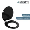 A black toilet seat is shown open, with its lid up, against a white background. Text overlays describe product features. Náhled obrázku produktu
