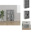 A collage of images showing a concrete-gray bookshelf with multiple compartments, both in a room setting and as standalone product shots. Produktbild-Vorschau