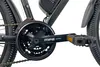 A close-up view of the crankset and pedals of a black electric bicycle. Produktbild-Vorschau