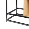 A close-up view of the base of a black metal bookshelf with a wooden compartment. Náhled obrázku produktu