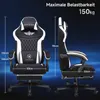 Two views of a black and white gaming chair are shown with dimensions and weight capacity indicated. Anteprima dell’immagine prodotto