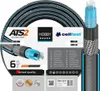 A coiled garden hose with a cross-section showing its layered construction, presented with product branding and feature callouts. Voir les images du produit