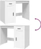 Two views of a white desk with a drawer and a cabinet. A purple curved arrow indicates rotation. Podgląd zdjęcia produktu