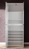 An open, white wardrobe with multiple shelves against a textured brown and purple background. Produktbild-Vorschau