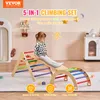 A young girl is playing on a wooden climbing set indoors. Voir les images du produit