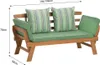 A wooden garden bench with green cushions and striped pillows, with dimensions indicated. Produktbild-Vorschau