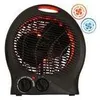 A black electric heater with red heating elements visible through the grille. There are two control knobs at the bottom and two circular icons above the heater, one orange and one blue, both depicting a fan.