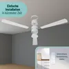 A ceiling fan is shown disassembled in the upper part of the image, with an inset in the lower right showing a remote control on a kitchen counter. Produktbild-Vorschau