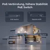 Diagram showing a PoE switch and Reolink NVR connected to a house with cameras. Produktbild-Vorschau