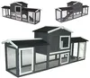 Three different views of a wooden rabbit hutch are shown against a white background. Voir les images du produit