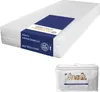 A white mattress with a blue label is shown, and below it, a packaged mattress cover with a family photo on it. Anteprima dell’immagine prodotto