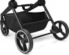 Close-up view of the lower part of a black stroller, showing the basket and wheels. Produktbild-Vorschau