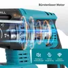 A close-up, detailed view of the internal mechanism of a cordless hammer drill, highlighting its brushless motor and other features with glowing visual effects. Produktbild-Vorschau
