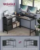 A corner desk setup with dual monitors, a laptop, and storage drawers, shown in a room setting and in a diagram illustrating assembly options. Produktbild-Vorschau