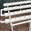 A close-up of a hydroponic system with multiple white PVC pipes, each with circular openings covered by clear plastic caps, arranged in parallel rows on a stand. Podgląd zdjęcia produktu