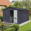 A garden shed in a backyard setting with flowers and greenery. Produktbild-Vorschau