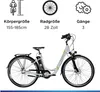 A white and green electric bicycle is shown against a white background, with icons and text above detailing its specifications. Produktbild-Vorschau