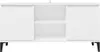 A white TV stand with two sliding doors and an open shelf in the middle, supported by black metal legs. Produktbild-Vorschau