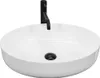 A white basin with a black faucet and drain. Produktbild-Vorschau