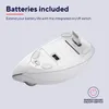 The underside of a white wireless mouse is shown, with text overlays highlighting features. Produktbild-Vorschau