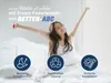 A woman stretching in bed with icons representing product benefits. Produktbild-Vorschau