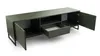 A green TV cabinet with black legs, shown with one drawer open and two doors ajar. Náhled obrázku produktu