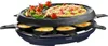 A multi-functional raclette grill with a pizza/grill top and raclette pans underneath, featuring food items like pizza, tomatoes, mushrooms, and melted cheese. Produktbild-Vorschau